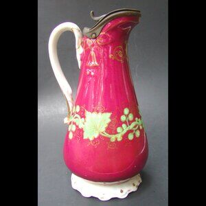 Vintage Small Handpainted Ceramic Pitcher with Hinged Brass Lid